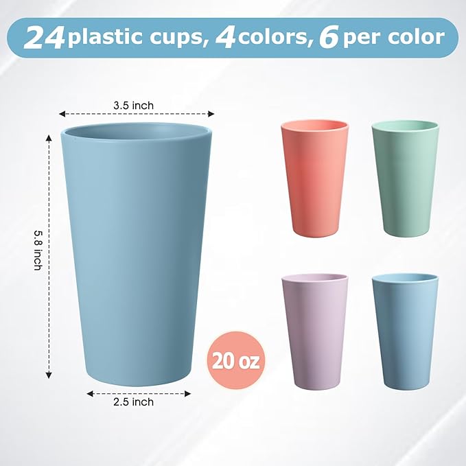 24 Pcs Unbreakable Plastic Cups Set, 20 oz Reusable Plastic Cups, Stackable - Image 2