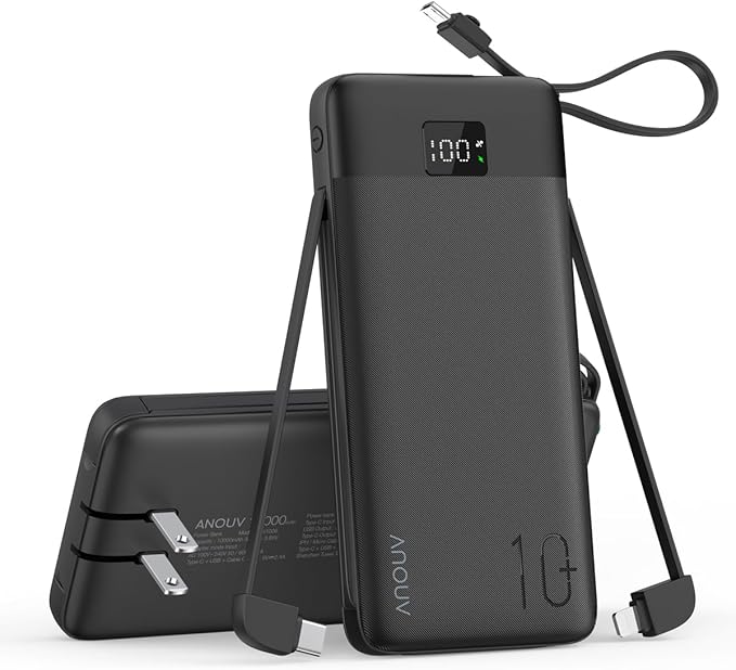 Portable Charger Built-in Cables and AC Wall Plug, 10000mAh 22.5W PD Fast by ANOUV