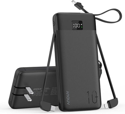 Portable Charger Built-in Cables and AC Wall Plug, 10000mAh 22.5W PD Fast by ANOUV