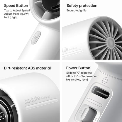 JISULIFE Handheld Turbo Fan, 5000mAh Rechargeable Portable Fan, 5-Speed - Image 7