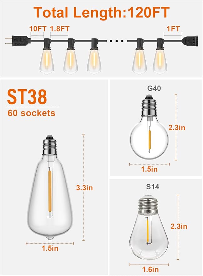 GPATIO 120FT Outdoor String Lights, Waterproof Patio Lights - Image 2