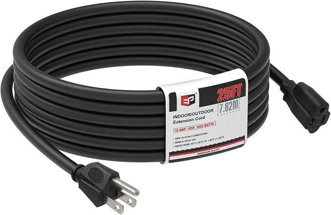 EP 25FT Black Outdoor Extension Cord, 16/3 SJTW Heavy Duty Waterproof, 3 Prong by ENERGYPRO