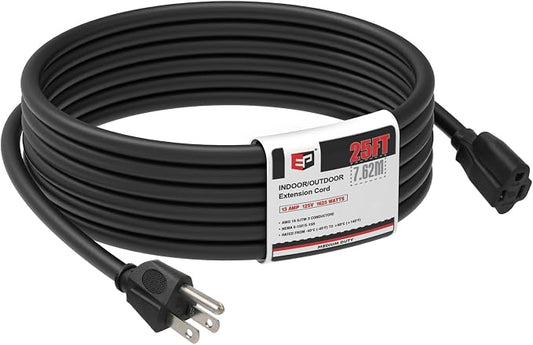 EP 25FT Black Outdoor Extension Cord, 16/3 SJTW Heavy Duty Waterproof, 3 Prong by ENERGYPRO