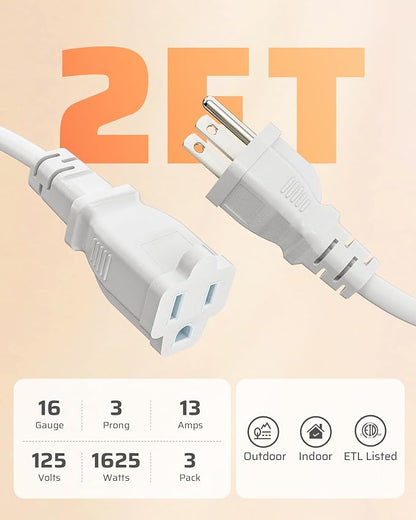 DEWENWILS 3-Pack 2FT Heavy Duty Extension Cord, 16 AWG SJTW Weatherproof Power - Image 6