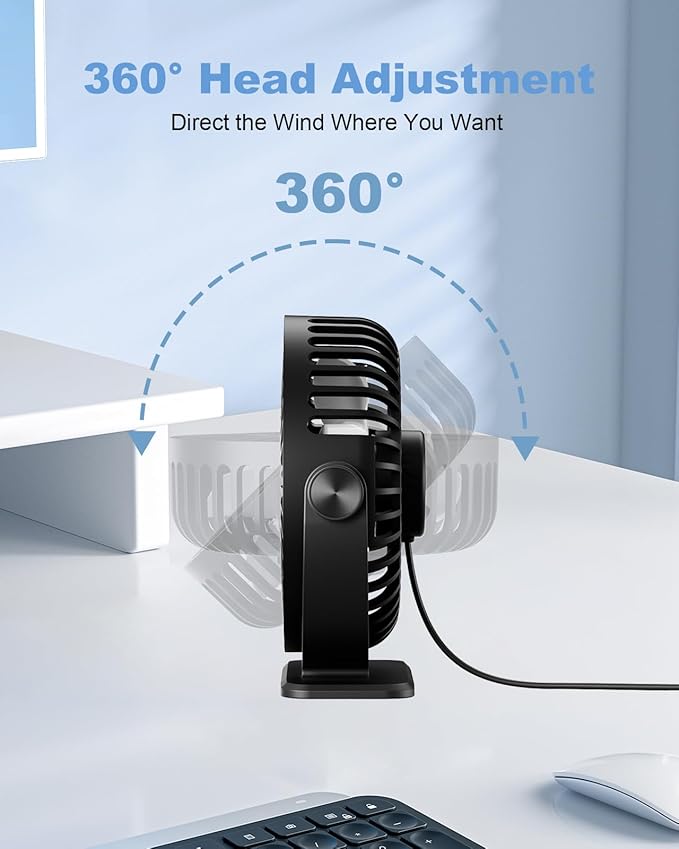 TriPole Desk Fan 2 Pack Black USB Powered Small Portable Fan, 3 Speeds - Image 6
