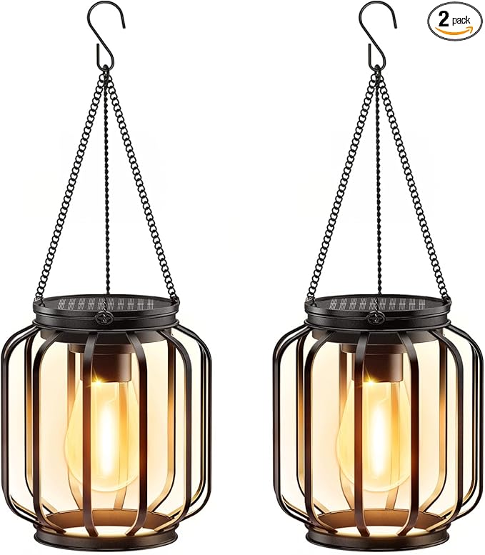 Solar Hanging Lanterns Outdoor: 2 Pack Metal Solar Hanging Lights by BONLION