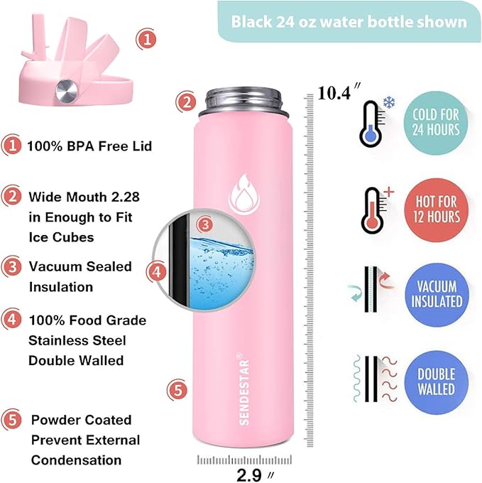 SENDESTAR Stainless Steel Wide Mouth Water Bottle 24oz Double Wall Vacuum - Image 3