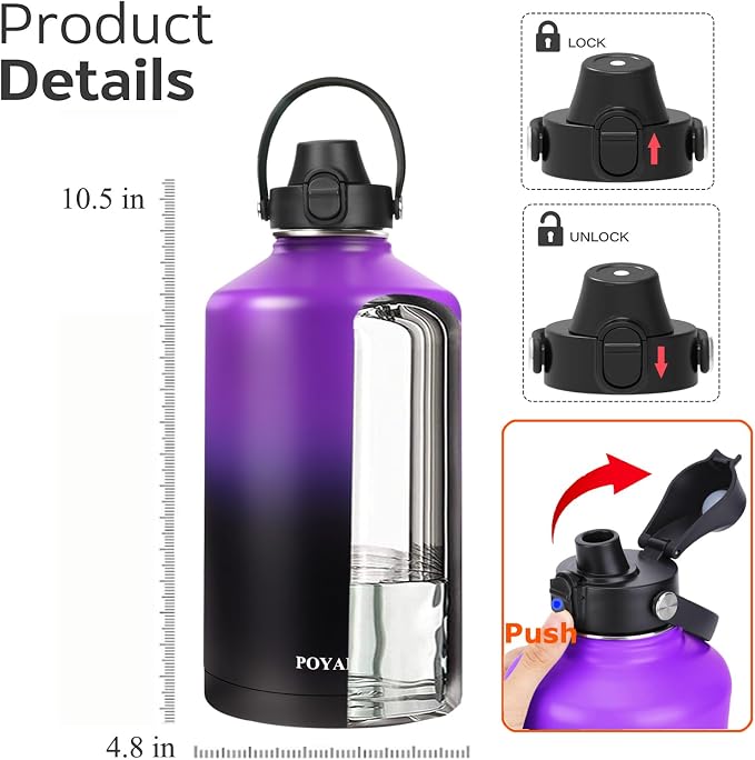 Water Bottle Insulated 32oz 40oz 64oz 128oz Straw Lid Spout Lid & 3 Lids - Image 2