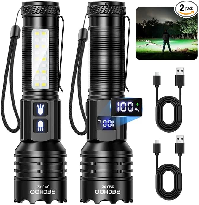 RECHOO Rechargeable Flashlights High Lumens 2 Pack, 7 Modes Dual-Switch by RECHOO