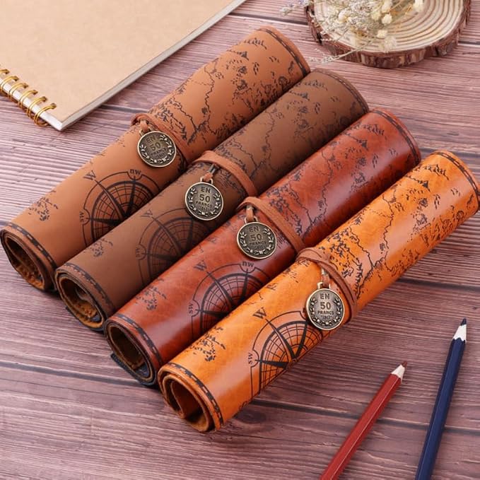 Cabilock Roll up Pencil Case Vintage Map Pu Leather Pencil Pouch Organizer - Image 4