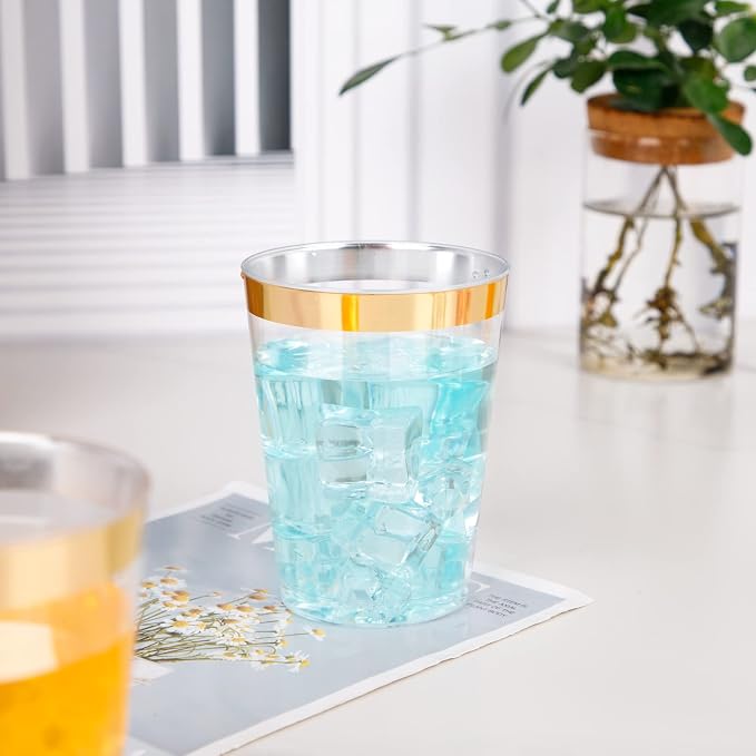 I00000 200 Pack Gold Plastic Cups, 10 oz Clear Plastic Cups Gold Rimmed - Image 5