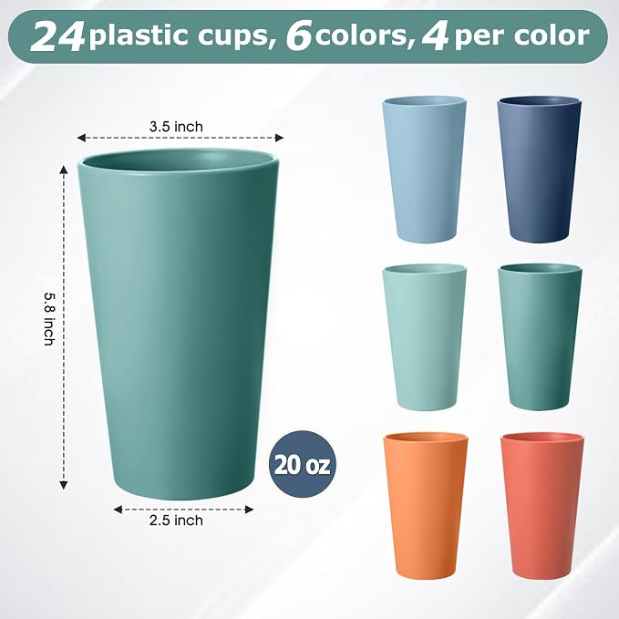 24 Pcs Unbreakable Plastic Cups Set, 20 oz Reusable Plastic Cups, Stackable - Image 2