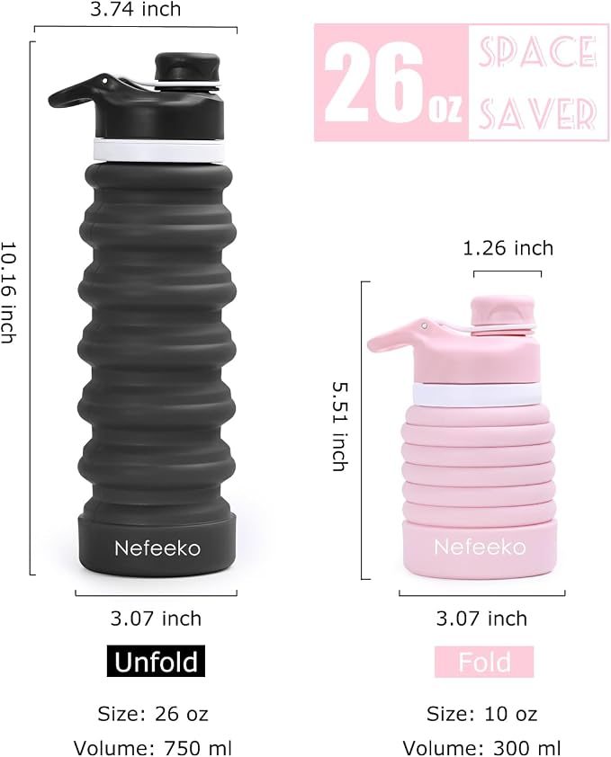 Nefeeko Collapsible Water Bottle, 26oz Silicone Foldable Water Bottles - Image 3