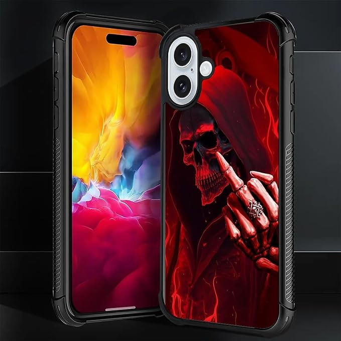 for iPhone 16 Case, Gestures Funny Skull Pattern Graphic Design Girl Boy Soft - Image 2