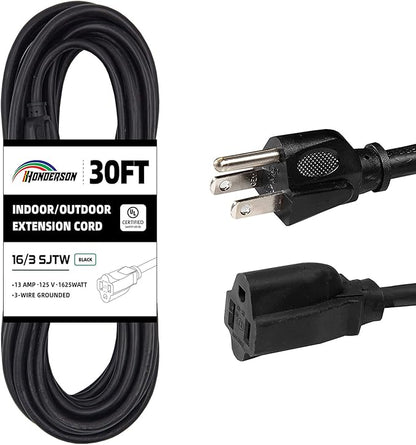 30FT Outdoor Extension Cord-16/3 SJTW Durable Black Extension Cord by HONDERSON