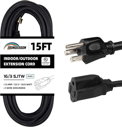 15FT Outdoor Extension Cord-16/3 SJTW Durable Black Extension Cable by HONDERSON