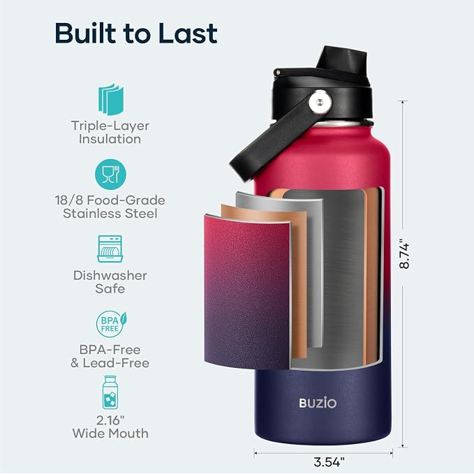 BUZIO 32oz Insulated Water Bottle, Triple Wall Vacuum Stainless Steel Water - Image 4