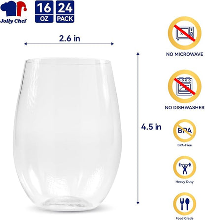 JOLLY CHEF 24 Pack 16oz Plastic Wine Glasses Stemless, Disposable Wine Cups - Image 2