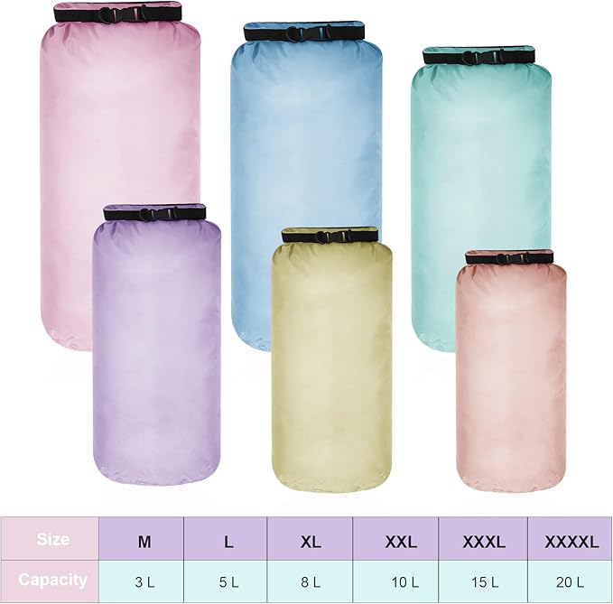 Shappy 6 Pcs Waterproof Dry Bag Set Ultralight Stuff Sack 20/15/10/8/5/3L - Image 2