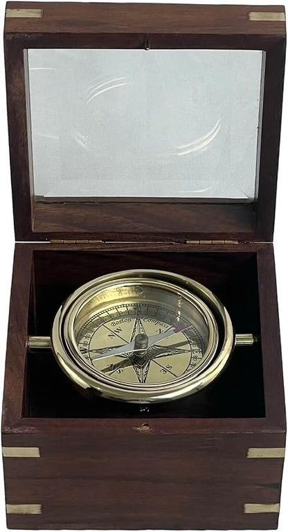 Brass Gimballed Compass in Wooden Box – Antique Nautical Decor & Functional - Image 3