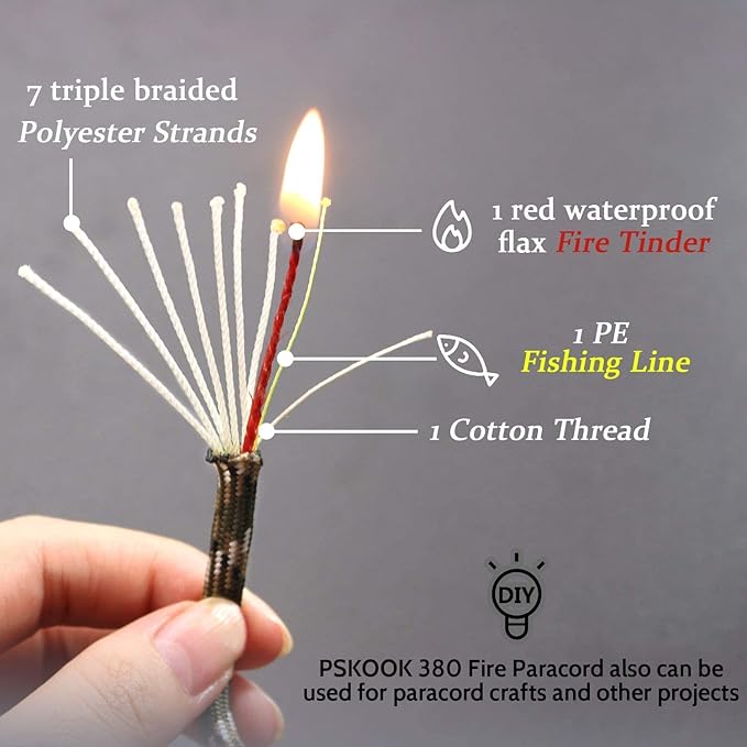 PSKOOK Survival Paracord Parachute Fire Cord Survival Ropes Red Tinder Cord PE - Image 2