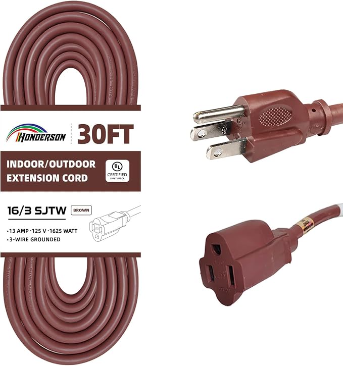 30FT Brown Outdoor Extension Cord-16/3 SJTW Durable Extension Cord by HONDERSON