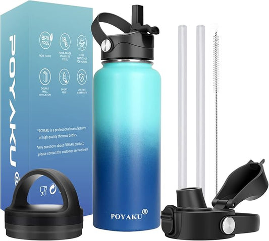 Water Bottle Insulated 32oz 40oz 64oz 128oz Straw Lid Spout Lid & 3 Lids by POYAKU