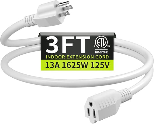 16/3 White Extension Cord 3 FT, Indoor Extension Cord by Seeklyze