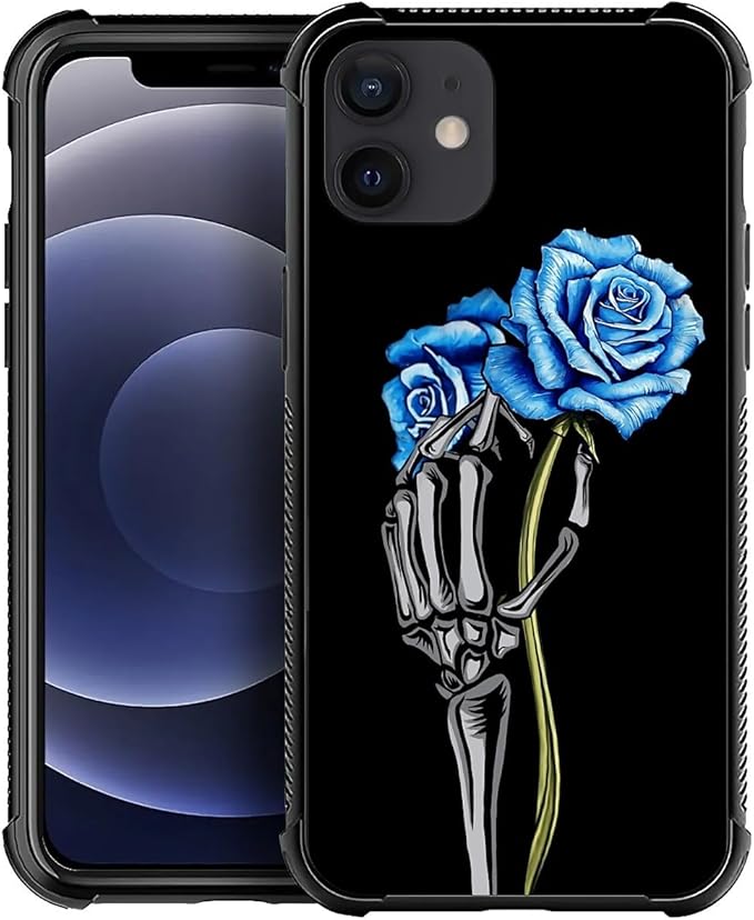 for iPhone 11 Case, Skeleton Holding Blue Rose Pattern Graphic Design Girl Boy by FKBRCL4U