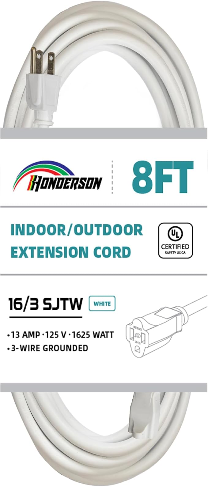 Indoor Outdoor Extension Cord Weatherproof, UL Certified, 16 Gauge 8FT White 3 by HONDERSON