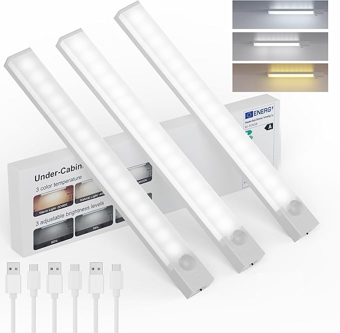 Under Cabinet Lights 8 Inch 3-Pack, Rechargeable Battery Operated Motion Sensor by Unknown