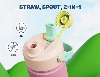 12 oz Kids Steel Water Bottle for School: 2-in-1 Straw Spout Lid, Cold 24H - Image 4