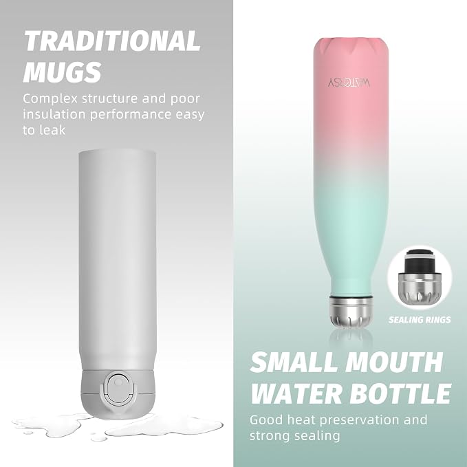 WATERSY Stainless Steel Water Bottle, 17oz/500ml Insulated Pink Bottle Keeps - Image 3