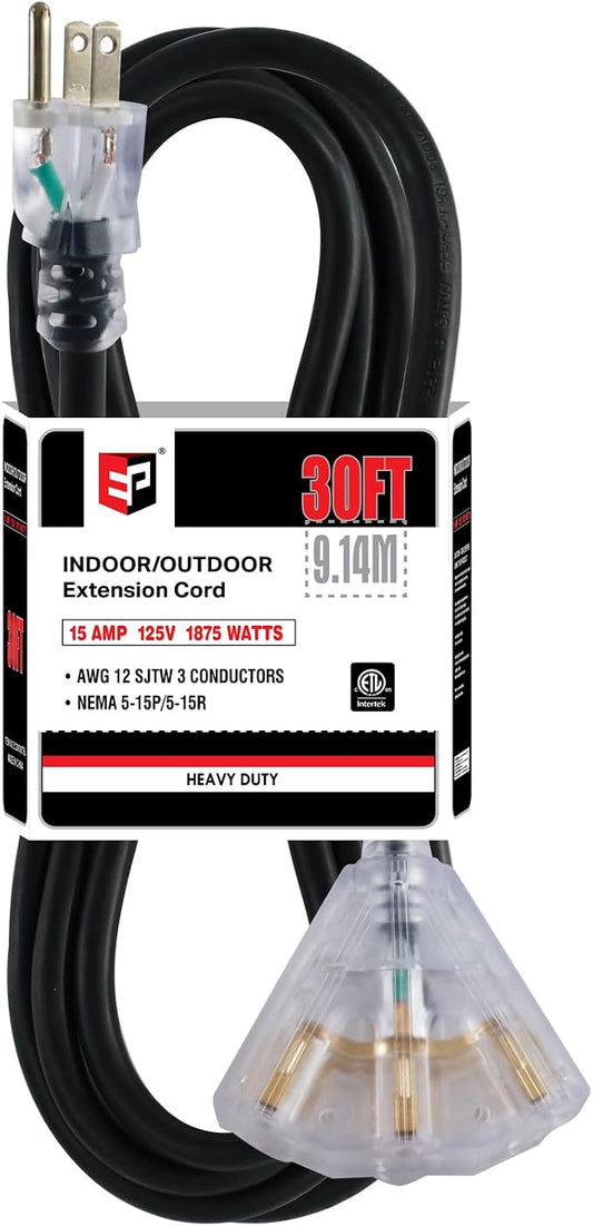 EP 30 Ft 12 Gauge Heavy Duty Extension Cord, 15A 125V 1875W, 3 Outlet by ENERGYPRO