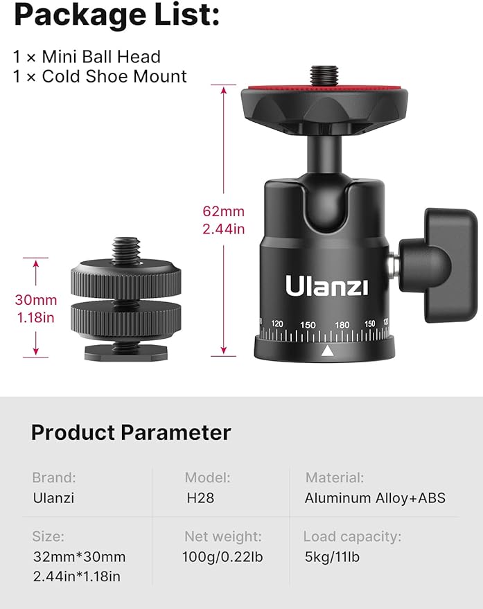 Mini Ball Head, ULANZI H28 Panoramic Tripod Head + Dual Hot Shoe Mount DSLR - Image 6