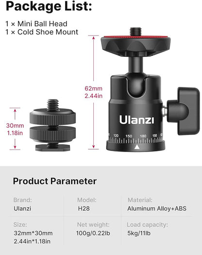 Mini Ball Head, ULANZI H28 Panoramic Tripod Head + Dual Hot Shoe Mount DSLR - Image 6
