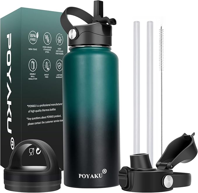 Water Bottle Insulated 32oz 40oz 64oz 128oz Straw Lid Spout Lid & 3 Lids by POYAKU