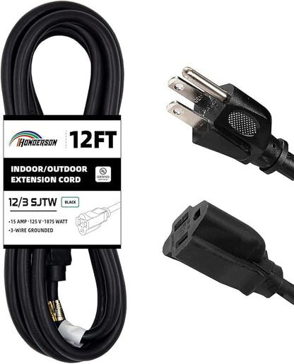 Indoor Outdoor Extension Cord Weatherproof, UL Certified, 12 Gauge 12FT Black 3 by HONDERSON