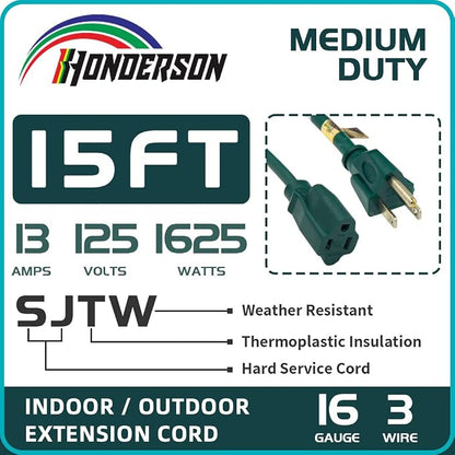 15FT Outdoor Extension Cord-16/3 SJTW Durable Green Extension Cable - Image 3