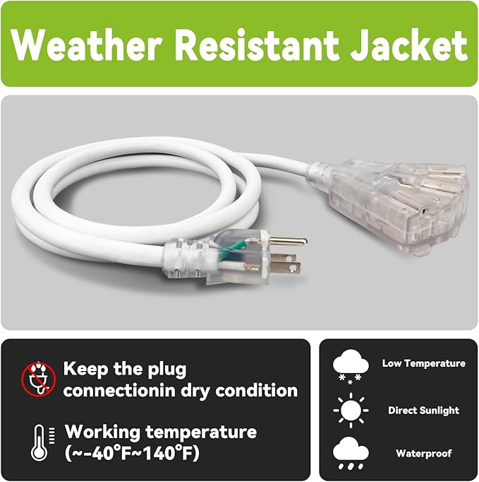 EP 10FT 12 Gauge Heavy Duty Extension Cord, 15A 125V 1875W, 3 Outlet - Image 5