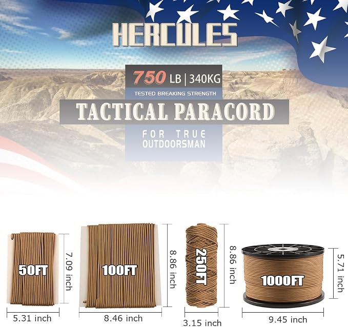 HERCULES 750lb Paracord 4mm 11 Strands Tactical Parachute Cord, Outdoor Gear - Image 2