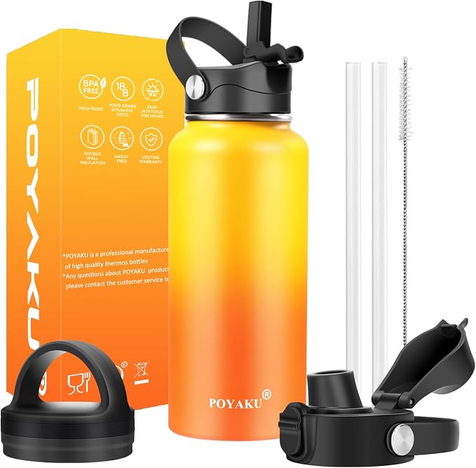 Water Bottle Insulated 32oz 40oz 64oz 128oz Straw Lid Spout Lid & 3 Lids by POYAKU