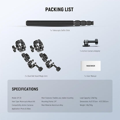 NEEWER Motorcycle Camera Mount Kit, Bicycle Handlebar Invisible Selfie Stick - Image 8