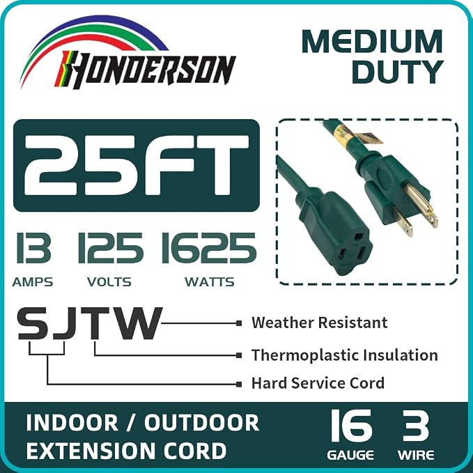 25FT Outdoor Extension Cord-16/3 SJTW Durable Green Extension Cable - Image 3