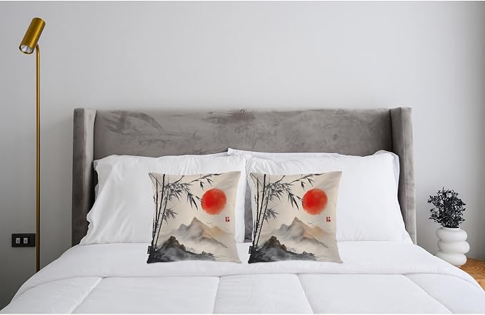 Swono Outdoor Pillow Covers Bamboo, Japanese Bamboo Trees Mountains Red Sun - Image 3
