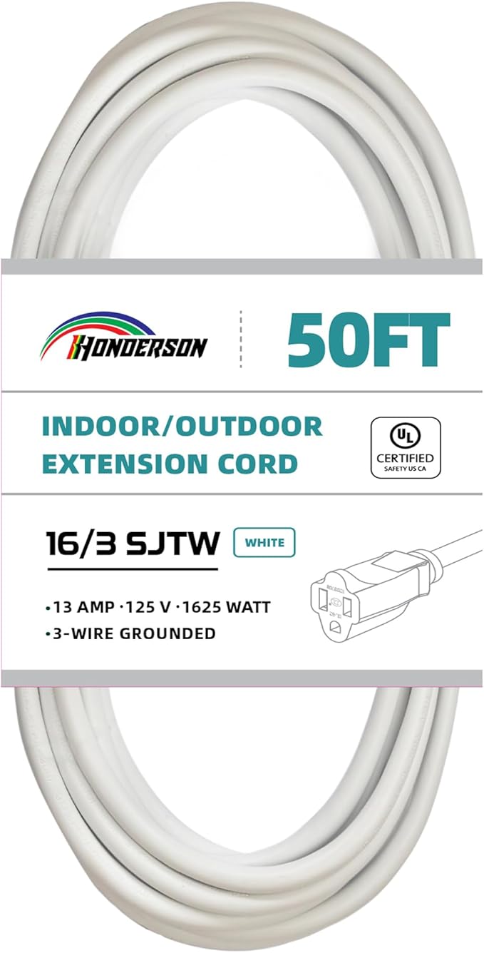 Indoor Outdoor Extension Cord Weatherproof, UL Certified, 16 Gauge 50FT White 3 by HONDERSON
