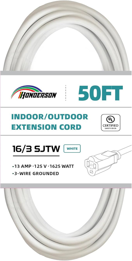 Indoor Outdoor Extension Cord Weatherproof, UL Certified, 16 Gauge 50FT White 3 by HONDERSON