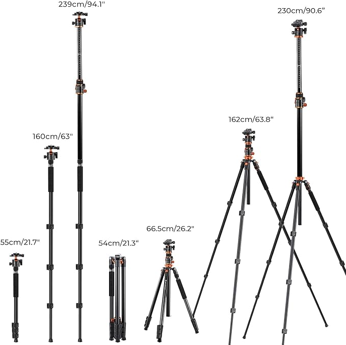 K&F CONCEPT 90''/230cm Ultra High Camera Tripod, Horizontal Overhead Shooting - Image 6