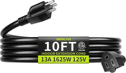 16/3 Black Extension Cord 10 FT, Indoor Extension Cord by Seeklyze