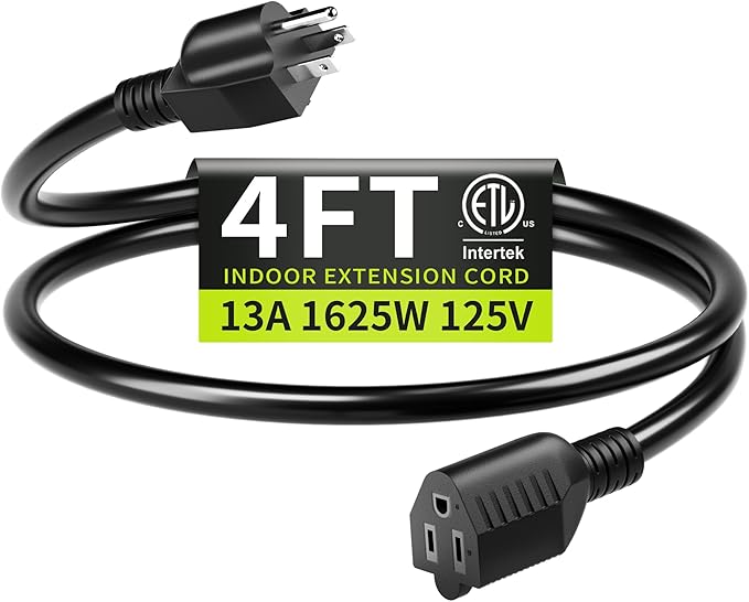 16/3 Black Extension Cord 4 FT, Indoor Extension Cord by Seeklyze